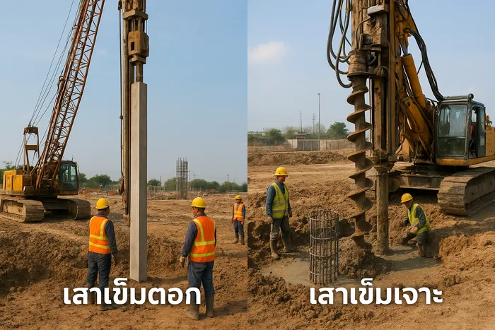 ตอกเสาเข็ม เลือก ′เสาเข็มตอก′ หรือ ′เสาเข็มเจาะ′ ดี? เปรียบเทียบข้อดี-ข้อเสีย สำหรับสร้างบ้าน โรงงาน และโกดัง เสาเข็มคอนกรีต เสาเข็มไอ